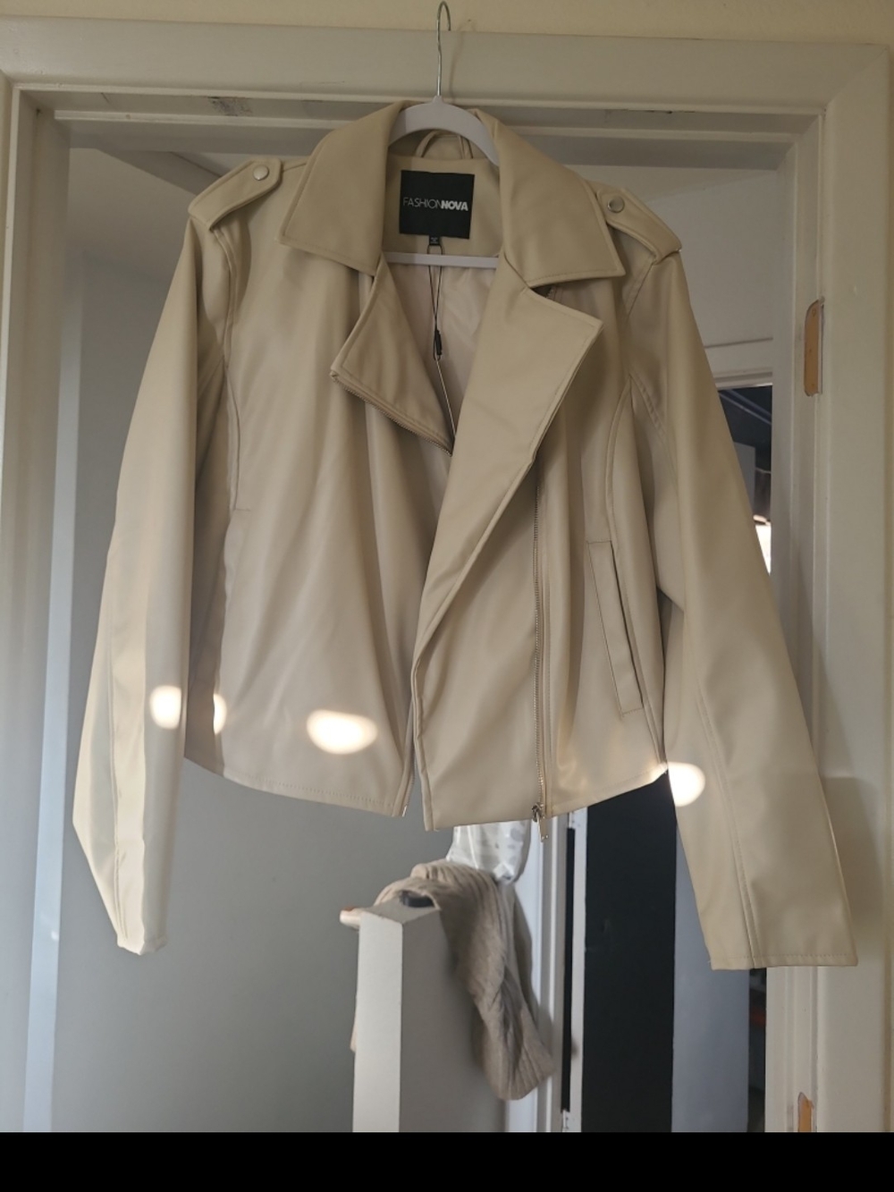 Fashion Nova Beige Faux Leather Moto Jacket Cropped